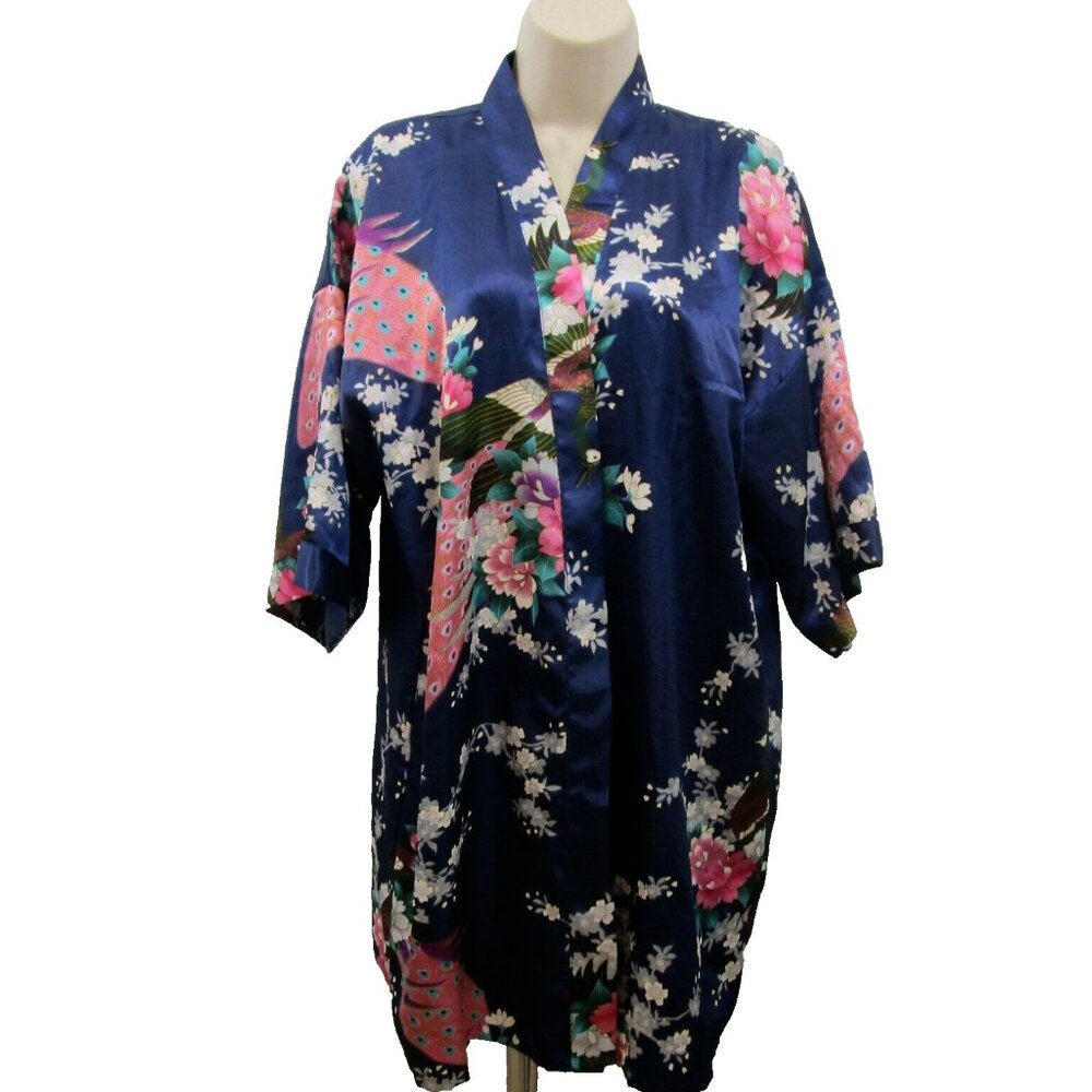 Oriental Peacock Kimono Robe Navy Blue Pink Satin One Size Short Tie Waist
